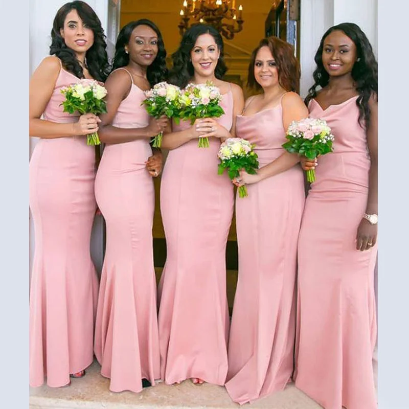 Elegant Spaghetti Strap Blush Pink Mermaid Long Bridesmaid Dresses, BD3095