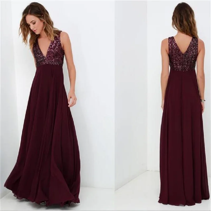 A-line long v-neck top sequin simple cheap chiffon prom dress, charming bridesmaid dress , PD0215