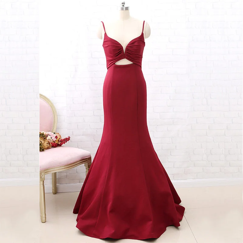 Sexy Dark Red Spaghetti Straps V-neck Mermaid Open Back Long Bridesmaid Dress, BD3254